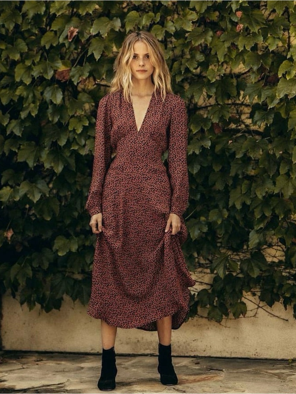 Doen Cherry Print Viscose Mini Dress Black Coral High Low Quiet Luxury Boho XS